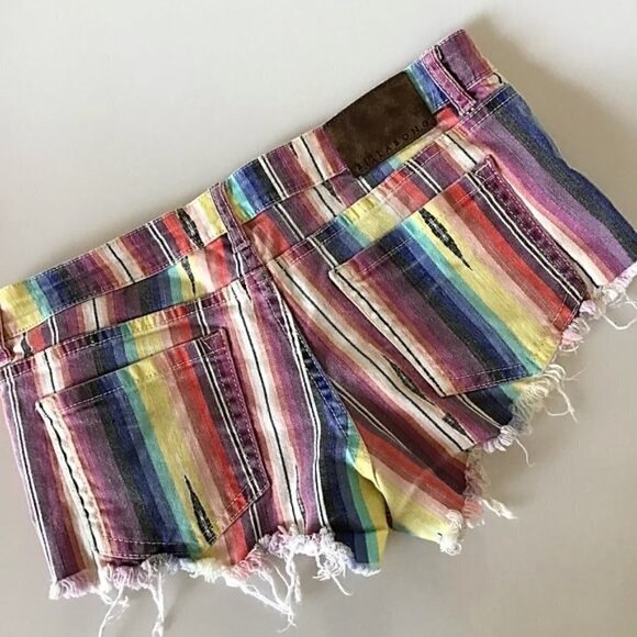 BILLABONG RAINBOW STRIPE LACE UP RAW HEM CUT OFF JEAN SHORTS - Picture 3 of 12